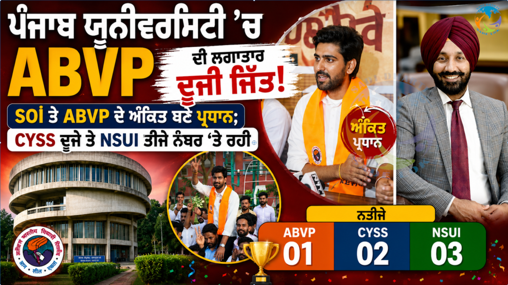 ਪੰਜਾਬ ਯੂਨੀਵਰਸਿਟੀ ’ਚ ABVP ਦੀ ਲਗਾਤਾਰ ਦੂਜੀ ਜਿੱਤ | SOI ਤੇ ABVP ਦੇ ਅੰਕਿਤ ਬਣੇ ਪ੍ਰਧਾਨ; CYSS ਦੂਜੇ ਤੇ NSUI ਤੀਜੇ ਨੰਬਰ ‘ਤੇ ਰਹੀ